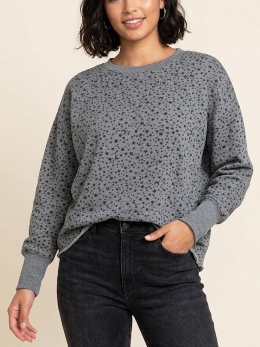 ⁠Women’s Gray Star & Moon Celestial Print Sweatshirt Crewneck Pullover Size